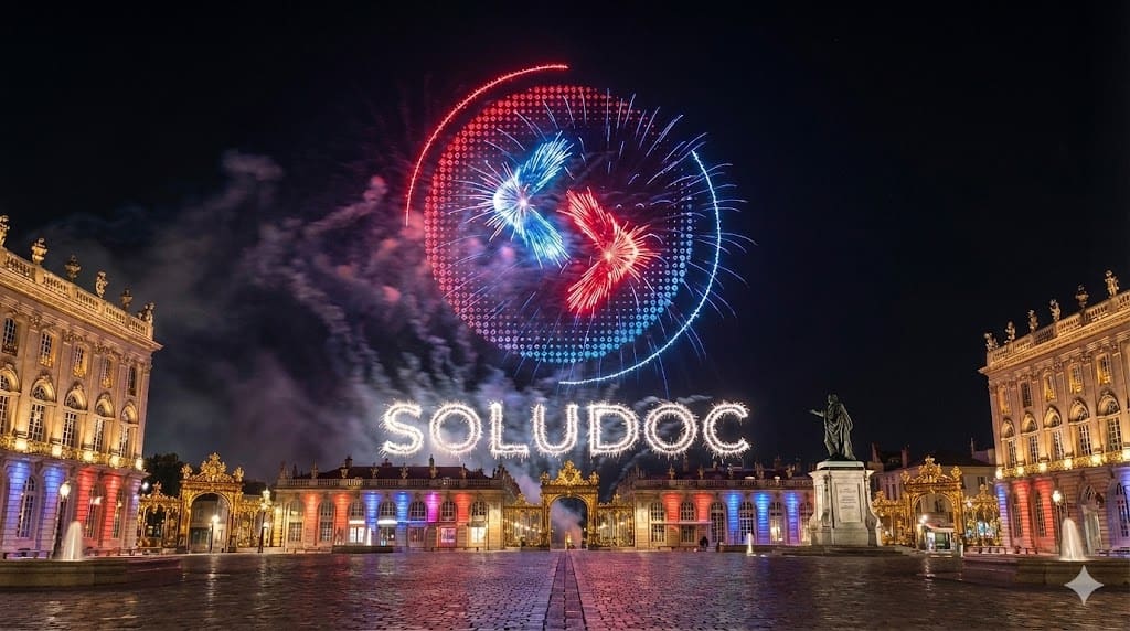 Spectacle nocturne sur la Place Stanislas à Nancy illuminée en bleu, blanc et rouge, avec le nom "SOLUDOC" et son logo stylisé apparaissant en light painting et feux d'artifice dans le ciel. Partenaire solutions numériques globales