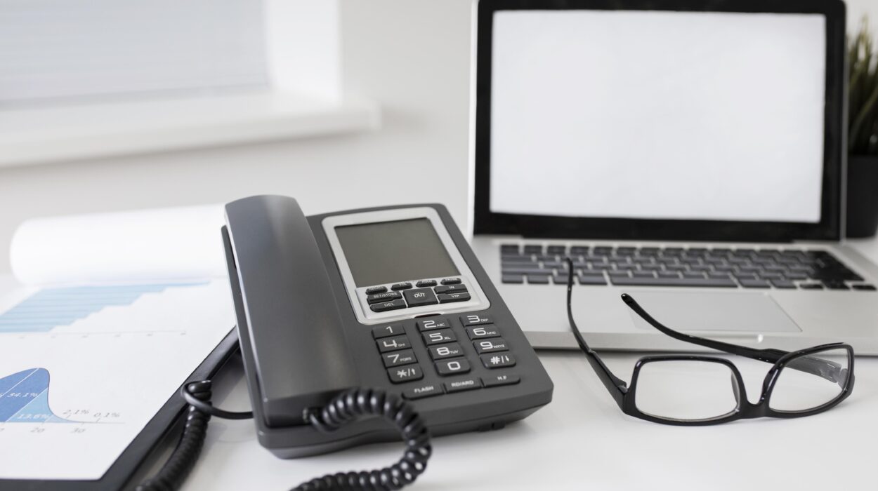 Poste de travail équipé d'un téléphone fixe et d'un ordinateur portable, illustrant la convergence fixe-mobile entreprise et l'unification des communications.
